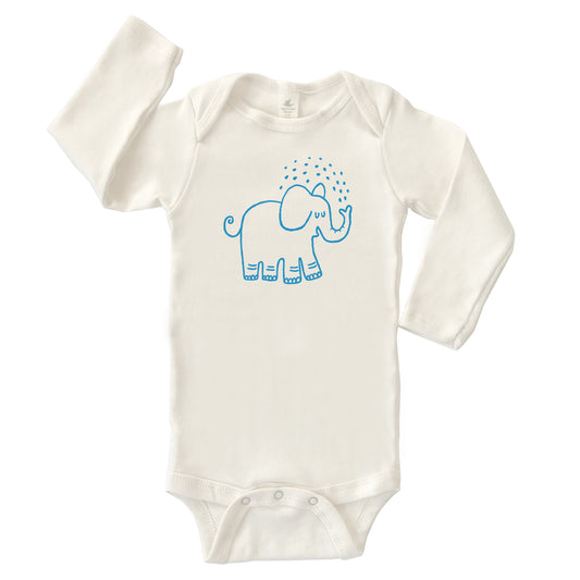 SPLASHY ELEPHANT ORGANIC COTTON BABY ONESIE LONG SLEEVES